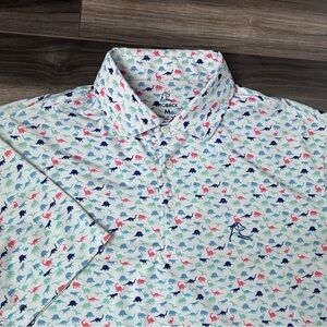 Rhoback Polo Golf Shirt Mens M Blue Green Dinosaur Print Performance Stretch